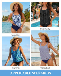 Yonique Blouson Tankini Swimsuits for Women Loose Fit Modest Two Piece Bathing Suits Tie Dye and Navy Blue L