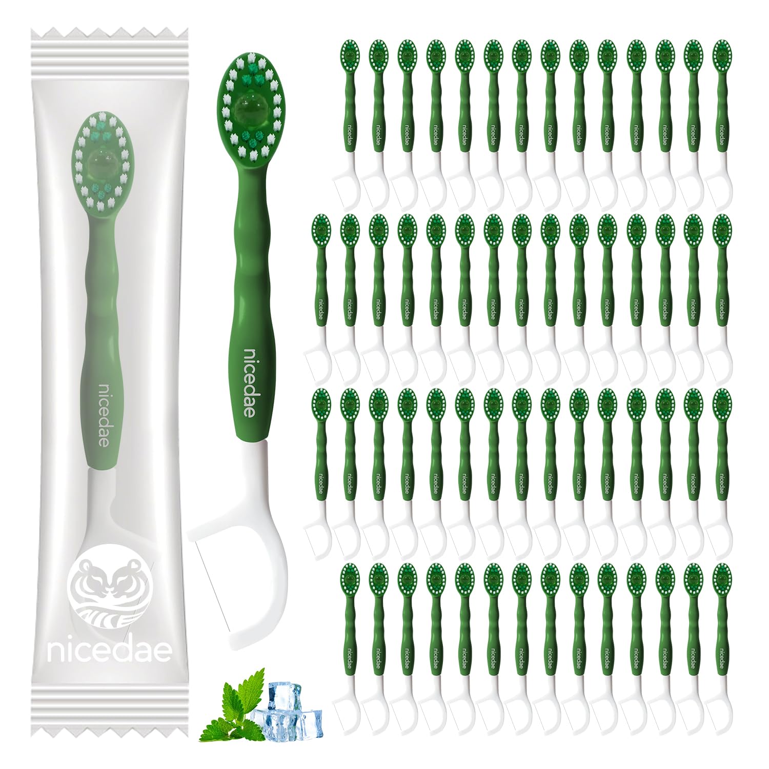 nicedae Disposable Mini Travel Toothbrush Bulk with Toothpaste 5in1 60Ct Portable Toothbrushes Set Floss Pick Tongue Scraper Cruise and Travel Essentials (Green)