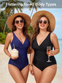 Smismivo Tummy Control Swimsuits for Women Slimming One Piece Bathing Suit Modest Padded Ruched Push Up Long Torso Curvy Shapewear V Neck Criss Cross Swimming Suits Full Coverage Swimwear (Black)