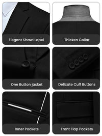 WULFUL Men's Slim Fit 3 Piece Suit, One Button Solid Blazer Business Party Jacket Vest Pants Set Black