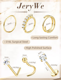 JeryWe Nose Rings for Women - 14K Gold Filled Hypoallergenic Surgical Steel Nose Ring Hoops CZ Lip Ring Screw L Shaped Studs Threadless Flat Back Stud Nose Piercings Jewelry for Women Men CZ