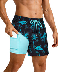 SURF CUZ Mens Swim Trunks with Compression Liner 5" Swim Shorts Quick Dry Bathing Suit Swimming Trunks Zipper Pockets Turquoise Palm Tree Medium