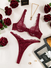 Lilosy Sexy Floral Lace Scallop Underwire Push Up Sheer Lingerie Set Outfits Women See Through Match Thong Bra and Panty 2 Piece Burgundy Red #2 Medium