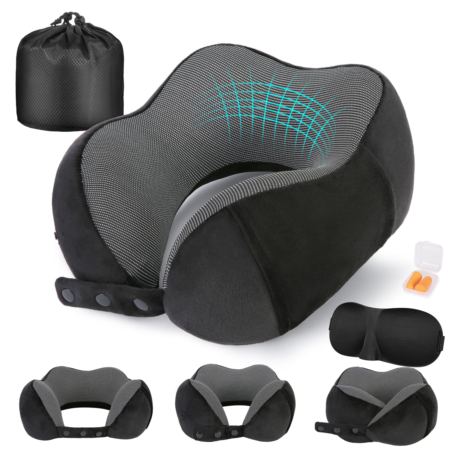 Cirorld Neck Pillow for Traveling, Travel Pillows for Airplanes,100% Pure Memory Foam Travel Neck Pillow, Adjustable Flight Pillow, Portable Plane Accessories with Eye Mask, Earplugs, Carry Bag