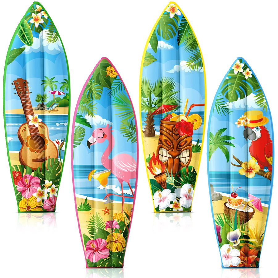 JellyArch 4 Pcs Hawaiian Inflatable Surfboard Tropical Flamingos Hawaiian Luau Party Decorations Blow up Pool Floats Surfboard Prop Wall Decor Palm Tree Summer Tiki Bar Pool Beach Party Decorations