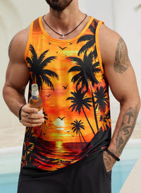 VOGSTART Mens Palm Tree Top Sunset Slim Fit Tank Printed Muscle Vacation Sleeveless Summer Surfing Shirt Orange XL
