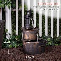 Alpine Corporation 27" Tall Rustic Outdoor 2-Tier Barrel Pump Water Fountain with Soothing Cascading Water Flow for Patio, Yard, Porch, or Landscape, Bronze