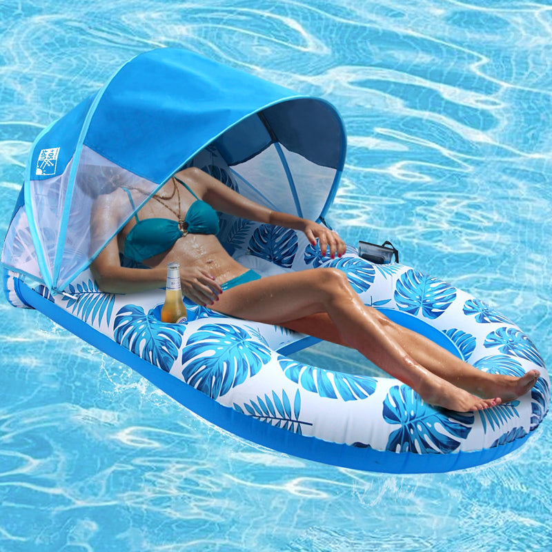 COOLCOOLDEE Pool Lounge Float with Canopy UPF50+,Extra Large Pool Floats for Adults Heavy Duty,Inflatable Lounger Float with Cup Holder & Backrest,Footrest