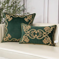 Aeckself European Luxury Velvet Lumbar Throw Pillow Cover 12 x 20 Inch, Embroidery Floral Pillow Cover Home Decor Oblong Pillowcase for Couch Bedroom Living Room, Dark Emerald Green and Gold