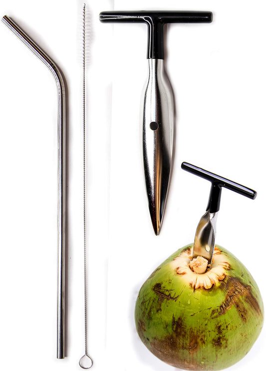 Ken's CocoMon Coconut Opener Tool + Stainless Straw for Fresh GREEN Young Fruit Black Rubber Handle EZ Easy Grip SAFE with Stainless Steel Drinking Straws (1 CocoMon + 1 Straw)