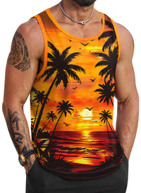 VOGSTART Mens Palm Tree Top Sunset Slim Fit Tank Printed Muscle Vacation Sleeveless Summer Surfing Shirt Orange XL