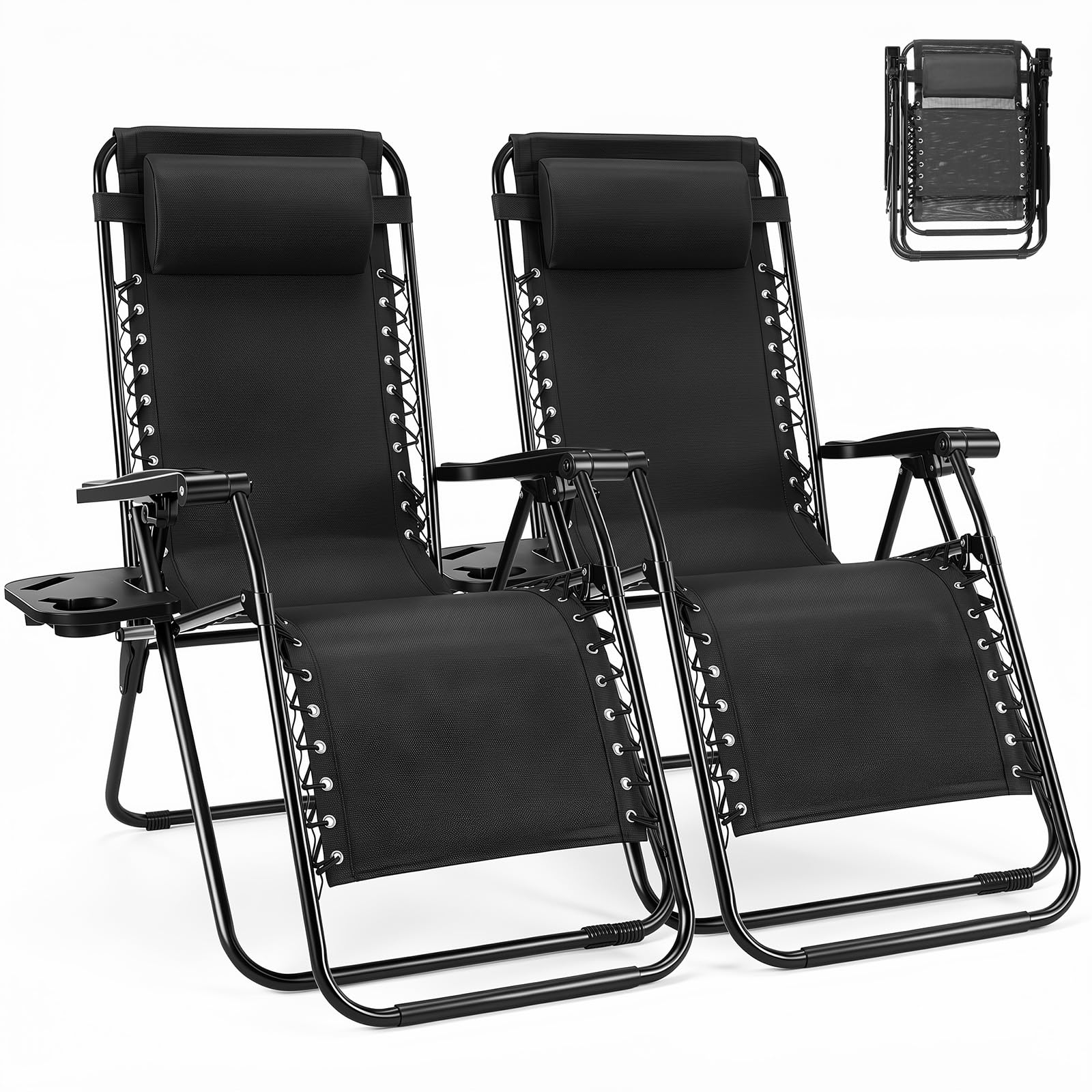 NEWBULIG Zero Gravity Chairs Set of 2, Lounge Chair Folding Portable Adjustable Camping Reclining Chairs with Adjustable Pollow, Mesh Back, Cup Holder Trays Lawn Patio Chair for Pool Beach
