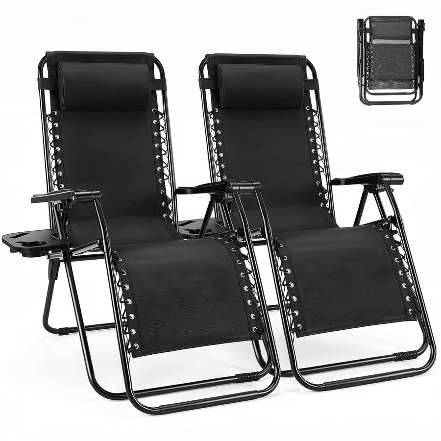 NEWBULIG Zero Gravity Chairs Set of 2, Lounge Chair Folding Portable Adjustable Camping Reclining Chairs with Adjustable Pollow, Mesh Back, Cup Holder Trays Lawn Patio Chair for Pool Beach