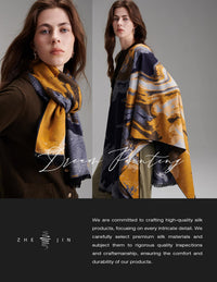ZHE JIN Luxurious Silk Scarf Shawl Wraps for Women, Warm Soft Scarves Winter Gift for Her, 100% Brushed Mulberry Silk, Dream Painting - Gold Jacquard Reversible, 71"x24"