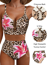 Herseas Women 2 Piece High Waisted Bikini Sets U Wire Floral Print Crisscross Back Swimsuits Adjustable Spaghetti Straps Push Up Bathing Suit Vintage Summer Holiday Outfits Leopard Pink Lily Medium