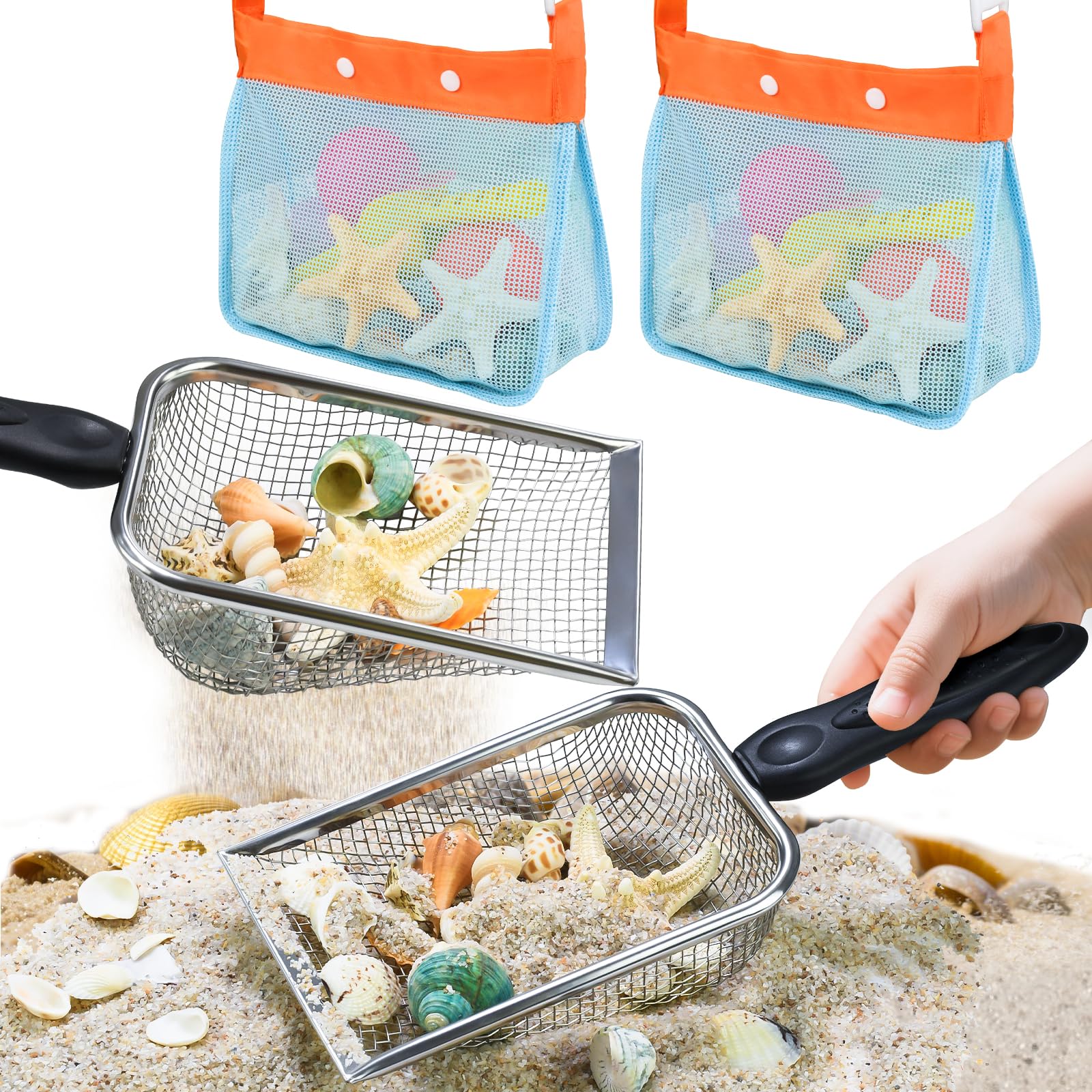 QINGLER 2 PCS Beach Mesh Shovel Sand Sifters with 2 PCS Mesh Beach Bag, Shark Tooth Sifter for Shell Collecting, Filter Sand Scooper Shells Tools for Boys and Girls