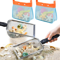 QINGLER 2 PCS Beach Mesh Shovel Sand Sifters with 2 PCS Mesh Beach Bag, Shark Tooth Sifter for Shell Collecting, Filter Sand Scooper Shells Tools for Boys and Girls