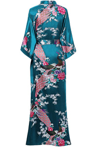 BABEYOND Women's Kimono Robe Long Satin Silky Robes with Peacock and Blossoms Printed Kimono Nightgown
