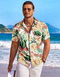 COOFANDY Mens Hawaiian Shirt for Men Short Sleeve Beach Shirts Tropical Cruise Shirt, White - Flower, X-Large