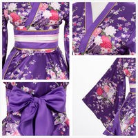 Japanese Anime Women's Dance Kimono Robe Fancy Dress Yukata Silk Folding Fans Tabi Hairstick Socks Set Purple Large