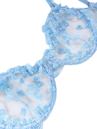 Lilosy Sexy Cute Underwire Push Up Strappy Heart Embroidered Mesh Sheer Lingerie Set for Women Bachelorette See Through Bra and Panty 2 Piece Bow Light Blue Small