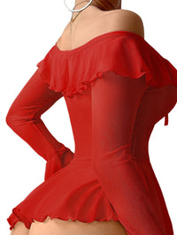 Foxiny Sexy Stocking Sheer Mesh Babydoll Rave Outfits Lingerie Dress Top with Thong 3 Piece Set Women See Through Long Sleeve Off Shoulder Pajamas Negligee Night Gown Red Small