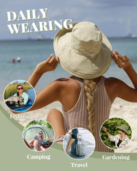 Sun Hats for Women Gardening Hat Wide Brim Ponytail Beach Sun Protection Breathable Cotton Summer Hat with Fold-Up Brim Beige