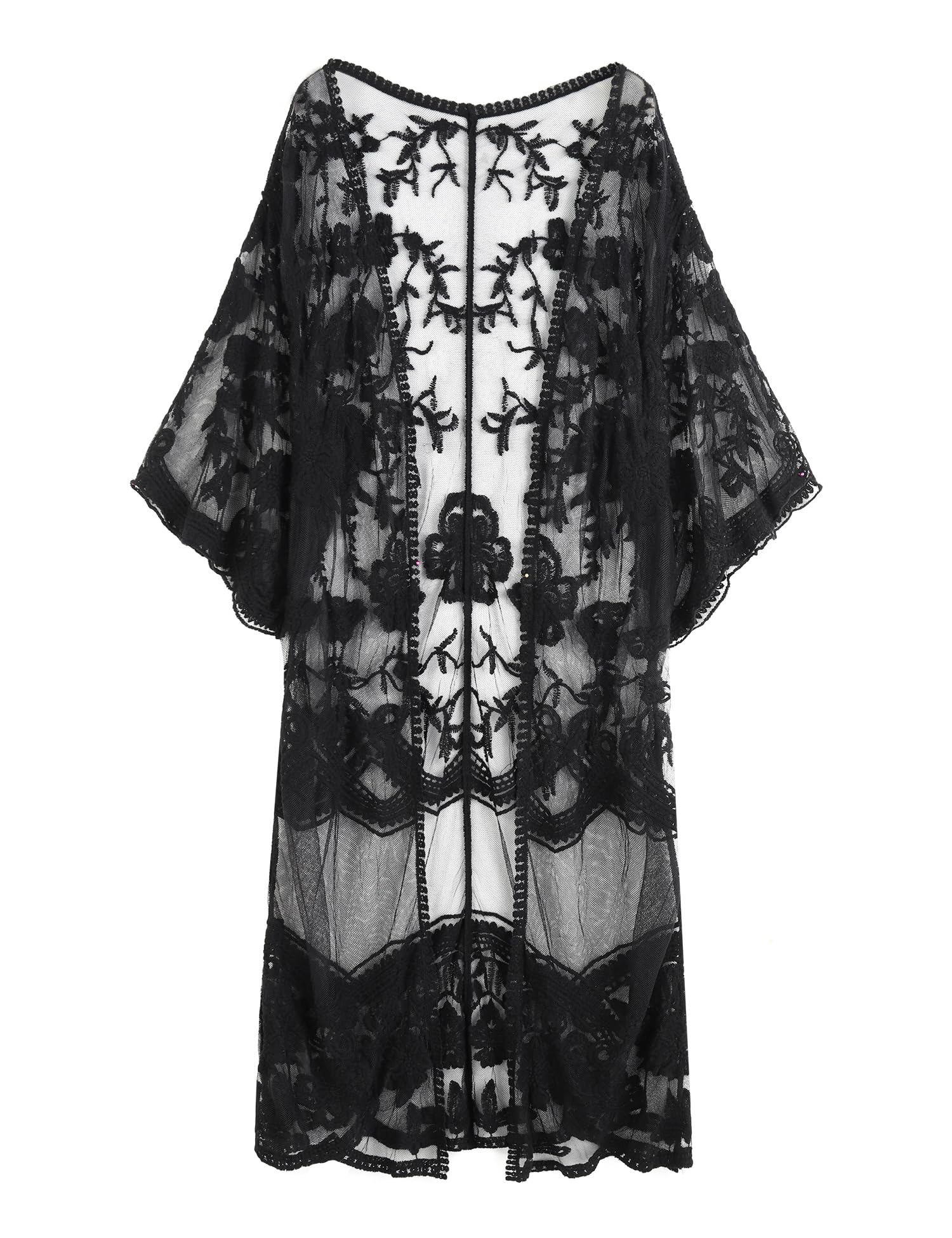 Womens Lace kimono cardigan Sheer Beach Blouses Long Bikini Coverup Vintage Top(Black)