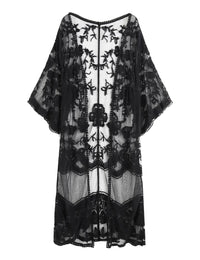 Womens Lace kimono cardigan Sheer Beach Blouses Long Bikini Coverup Vintage Top(Black)