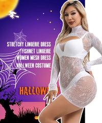 XIUSEMY Sexy Lingerie Dress for Women Fishnet Hollow Out Bodycon Stretchy Nightwear Exotic Beach Cover Up Outfit(One Size,White)