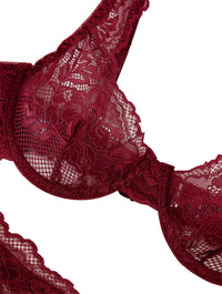 Lilosy Sexy Floral Lace Scallop Underwire Push Up Sheer Lingerie Set Outfits Women See Through Match Thong Bra and Panty 2 Piece Burgundy Red #2 Medium