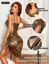VIDUSSA Women's Sparkly Glitter Dress Cowl Neck Spaghetti Strap Ruched Bodycon Cocktail Party Night Club Midi Dresses Gold XL