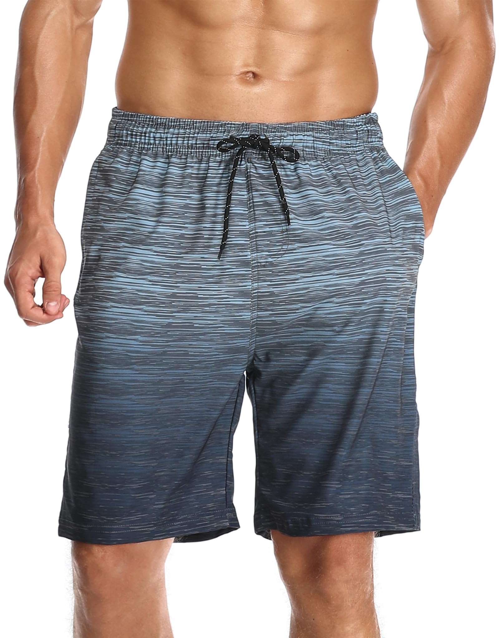Flytop Mens Swim Trunks, Quick Dry Mesh Liner Board Shorts, Zipper Pockets, Above-Knee Bathing Suit Striped Grey Gradient XL