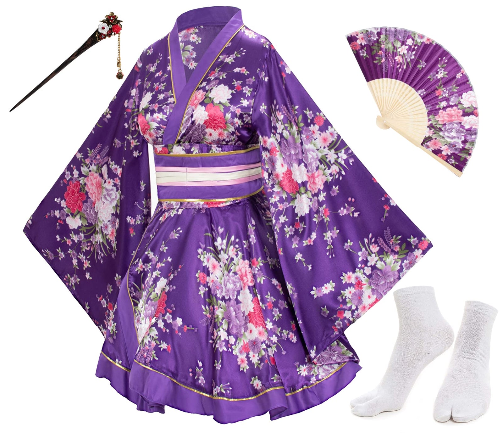 Japanese Anime Women's Dance Kimono Robe Fancy Dress Yukata Silk Folding Fans Tabi Hairstick Socks Set Purple Large