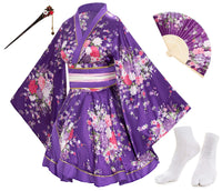 Japanese Anime Women's Dance Kimono Robe Fancy Dress Yukata Silk Folding Fans Tabi Hairstick Socks Set Purple Large