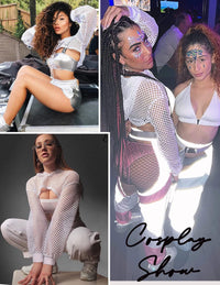 Avidlove Pullover Crop Top Hoodie Mesh T Shirts for Women Sexy Netted Crop Top White M