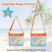 QINGLER 2 PCS Beach Mesh Shovel Sand Sifters with 2 PCS Mesh Beach Bag, Shark Tooth Sifter for Shell Collecting, Filter Sand Scooper Shells Tools for Boys and Girls