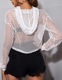 Avidlove Pullover Crop Top Hoodie Mesh T Shirts for Women Sexy Netted Crop Top White M