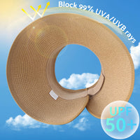 NPJY Sun Hats for Women Wide Brim Roll-Up Beach Ponytail Hat Packable Travel Foldable Straw Visor Khaki