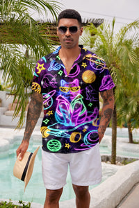 Mens Hawaiian Neon Shirt Summer Short Sleeve Button Down Galaxy Cats Graphic Aloha Dress Shirts Beach Neon Clothes