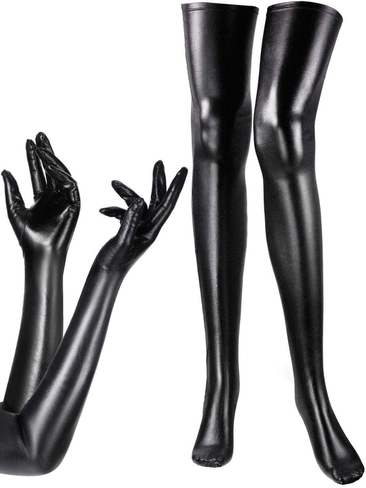 SATINIOR Women's Carnival Halloween Costume Elastic Spandex Shiny Wet Long Gloves and Thigh High Stockings (Black)