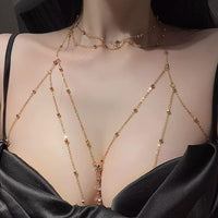 14K Gold Plated Sexy Body Chains for Women, Layered Rhinestone Crossover Bikini Bra Body Jewelry, Summer Beach Crystal Belly Waist Chain(Neckchain1)