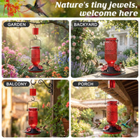 FEED GARDEN Glass Hummingbird Feeder for Outdoors Hanging, 16 oz Leak-Proof Nectar Feeder with Bee Guards & Ant Moat, 4 Metal Flower Feeding Ports, 360° Perch Ring, Easy Refill & Clean, Red