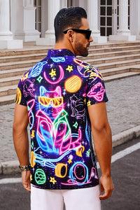 Mens Hawaiian Neon Shirt Summer Short Sleeve Button Down Galaxy Cats Graphic Aloha Dress Shirts Beach Neon Clothes