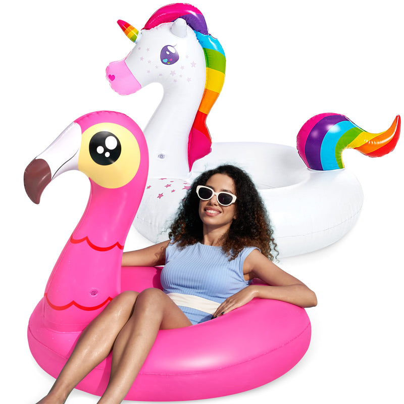 JOYIN 2-Pack Flamingo Unicorn Pool Float - Fun Floaties Inflatable Swimming Pool Tubes Toys Party Decorations, Summer Vacation Lake Beach Floaty Swim Rings Raft Lounger for Adults & Kids