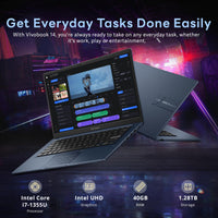 ASUS Vivobook 14" FHD Business Laptop, Intel i7-1355U, 40GB RAM, 1.28TB Storage(1TB SSD+288GB Docking Station Set), Intel UHD Graphics, Number Pad, Wi-Fi 5, Webcam, Win 11 Pro, Quiet Blue