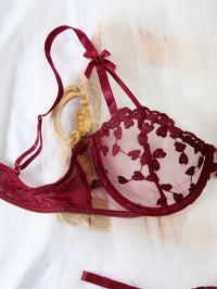 Lilosy Sexy Cute Underwire Push Up Strappy Heart Embroidered Mesh Sheer Lingerie Set for Women Bachelorette See Through Bra and Panty 2 Piece Bow Burgundy Red Medium