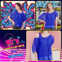 WILDPARTY Women Casual Sexy 80s Costumes Fishnet Neon Off Shoulder T-Shirt Two Pieces (Blue-L)