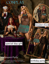 Avidlove Schoolgirl Lingerie for Women Sexy Student Set Snap Crotch Halter Fishnet Bodysuit and Mini Skirt