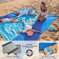 Wekapo Beach Blanket Sandproof, Beach Mat, Big & Compact Sand Free Mat Quick Drying, Lightweight & Durable with 6 Stakes & 4 Corner Pockets, Standard (1~3 person)